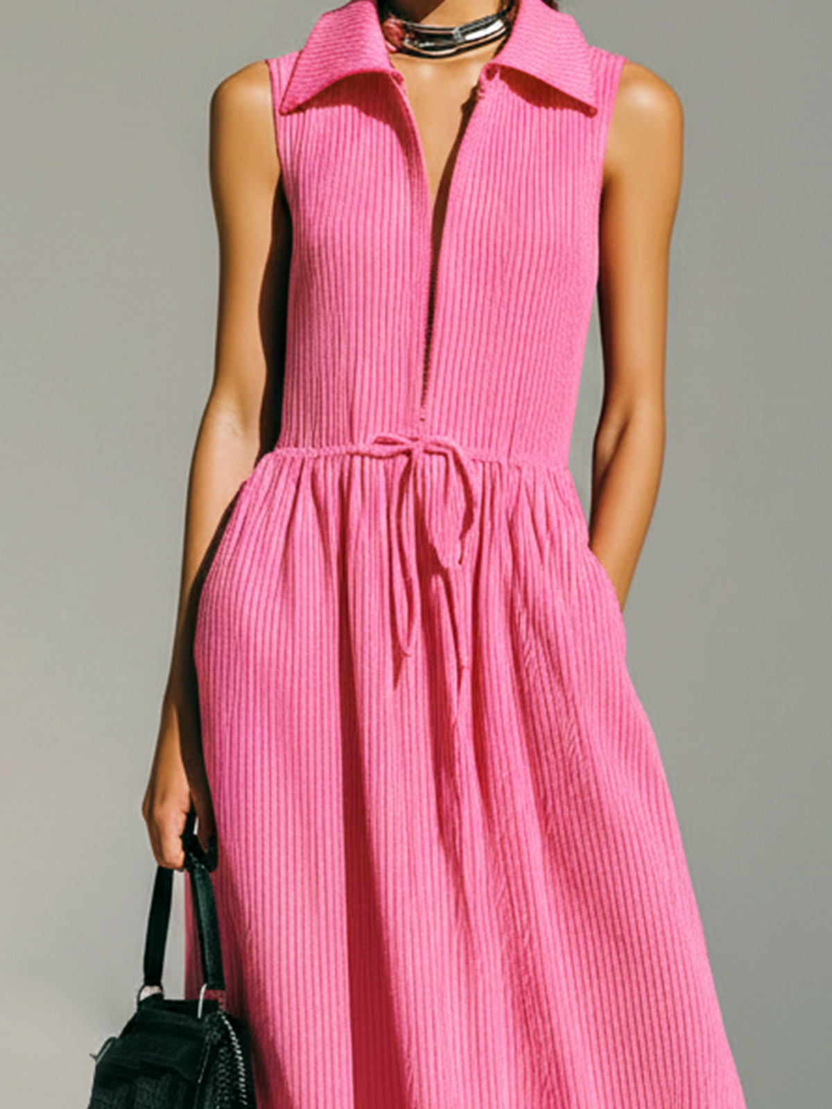 ElevenOra Stylish Elegant Pink Lapel Collar Zipper-Up Sleeveless Loose Belted Waist  Ribbed Knit Maxi Dress