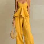 ElevenOra Chic Elegant Yellow V-Neck Flounced Hem Tank Top Loose Crinkled Fabric Wide-Leg Pants Two-Piece Set