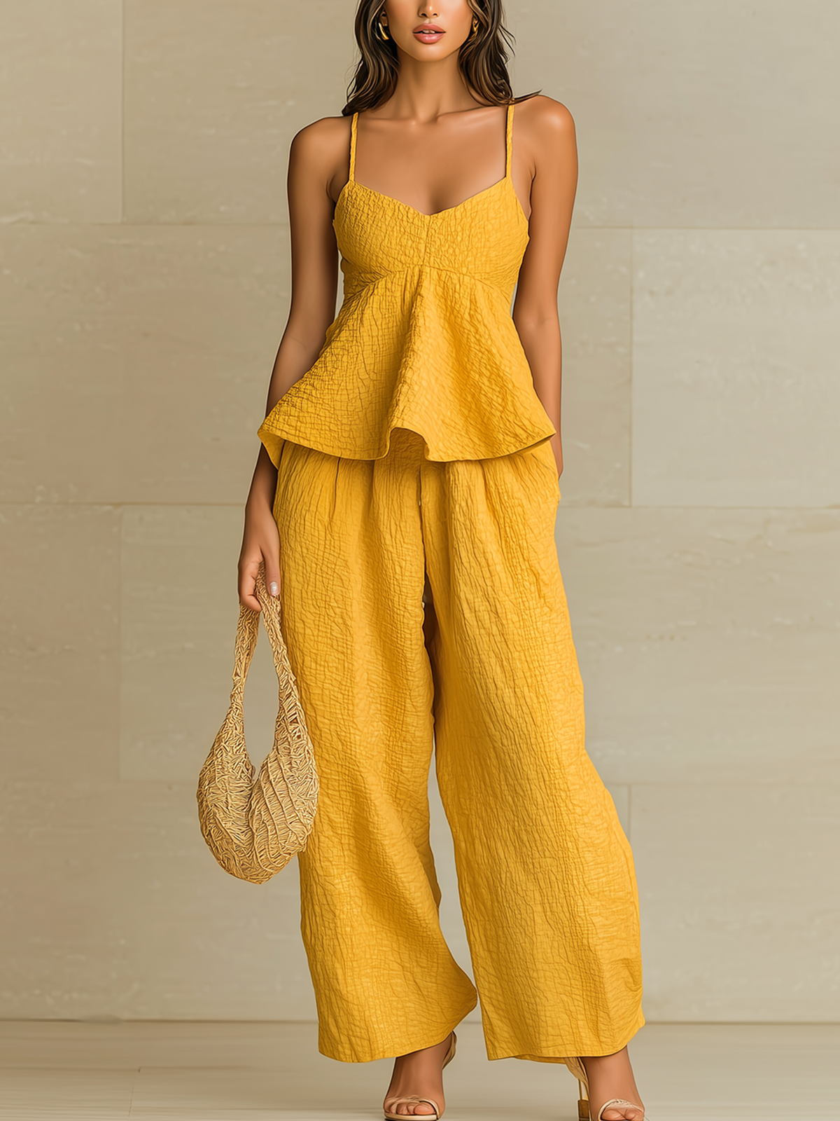 ElevenOra Chic Elegant Yellow V-Neck Flounced Hem Tank Top Loose Crinkled Fabric Wide-Leg Pants Two-Piece Set