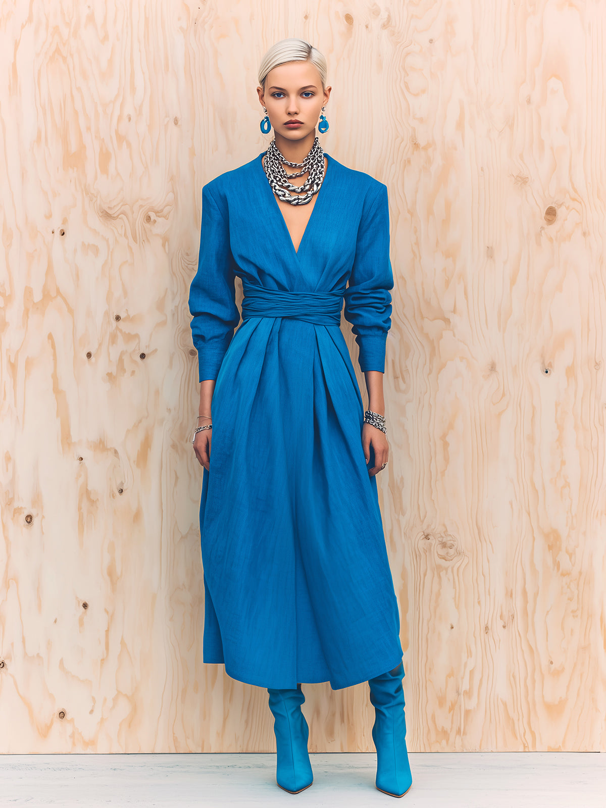 ElevenOra Chic Vintage Royal Blue Cotton Linen Blend V-Neck Tailored Waist Long Sleeve Maxi Dress