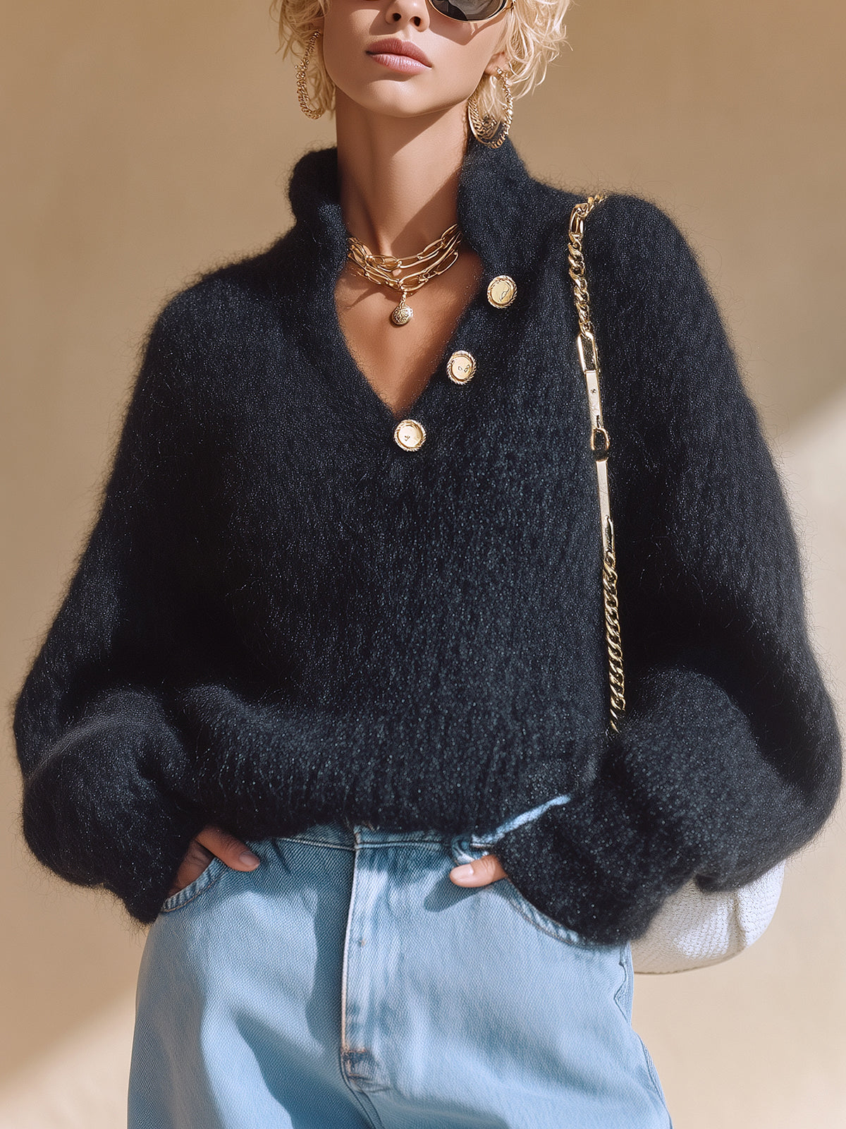 ElevenOra Chic Casual Black V-Neck Button Details Long Lantern Sleeve Oversized Sweater Top