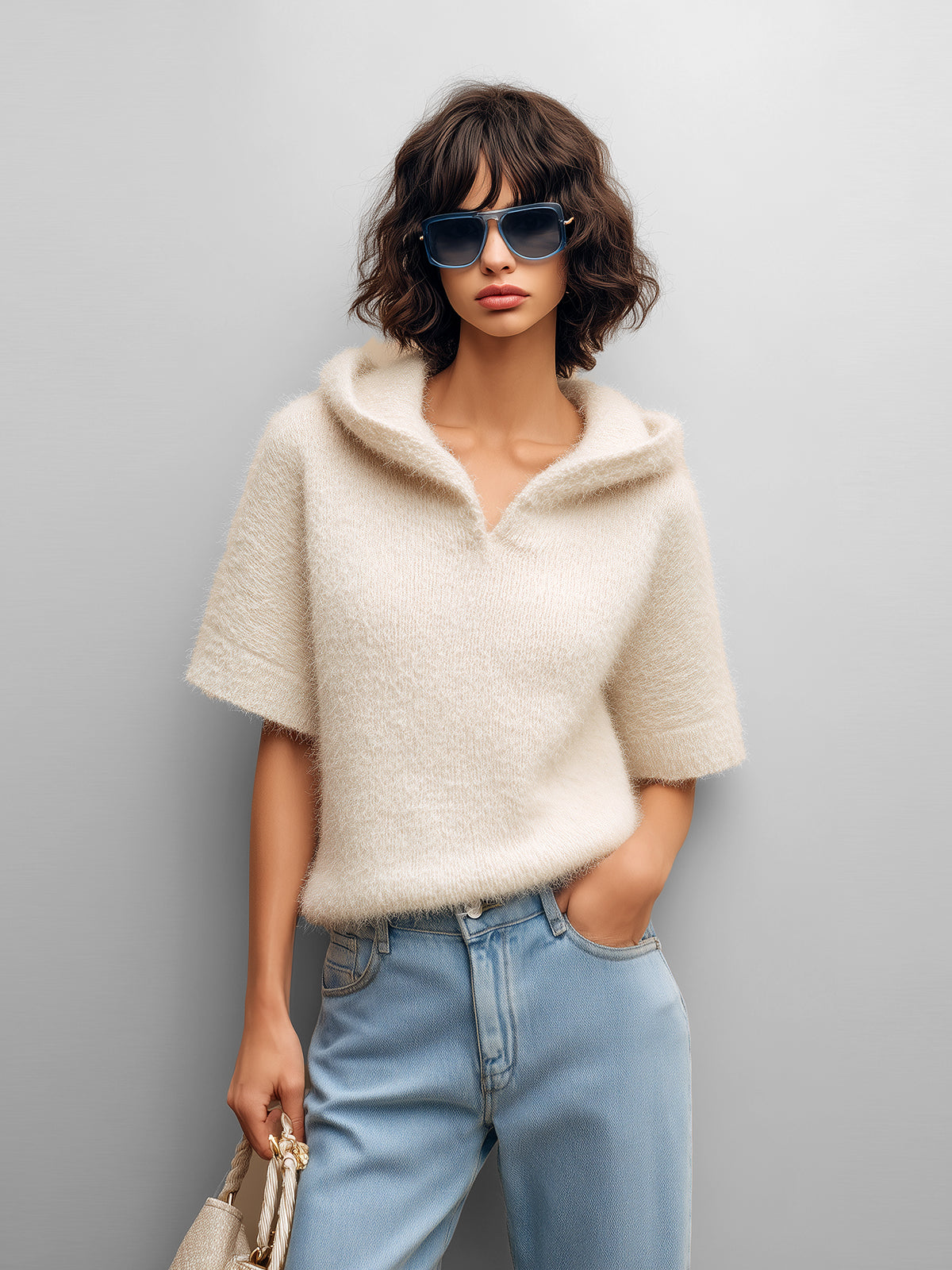 ElevenOra Chic Vintage Cream White Hooded Short Sleeve Oversize Fuzzy Knit Sweater Top