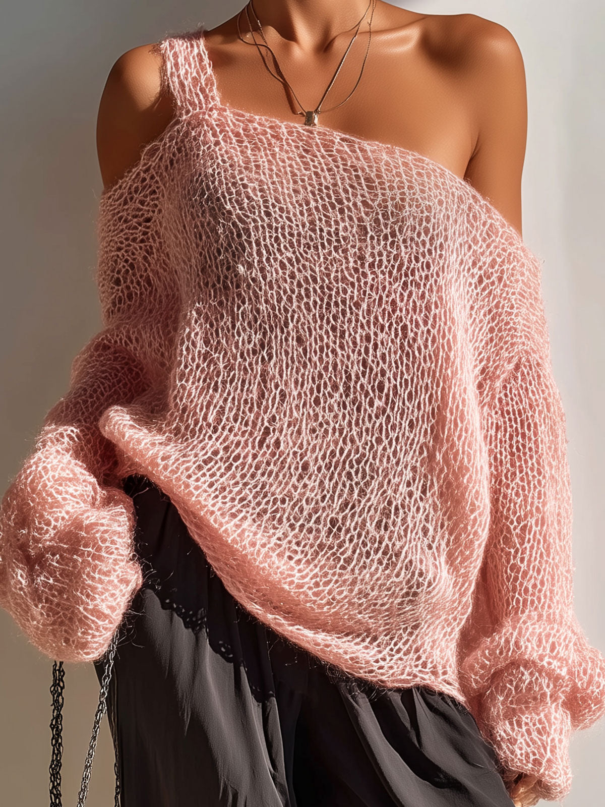ElevenOra Chic Casual Pink One-Shoulder Long-Sleeve Oversize Hollow Out Knit Sweater Top