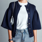 ElevenOra Chic Casual Navy Blue Round Neck Half Flare Sleeve Single-Breasted Loose-Fit Knit Cardigan