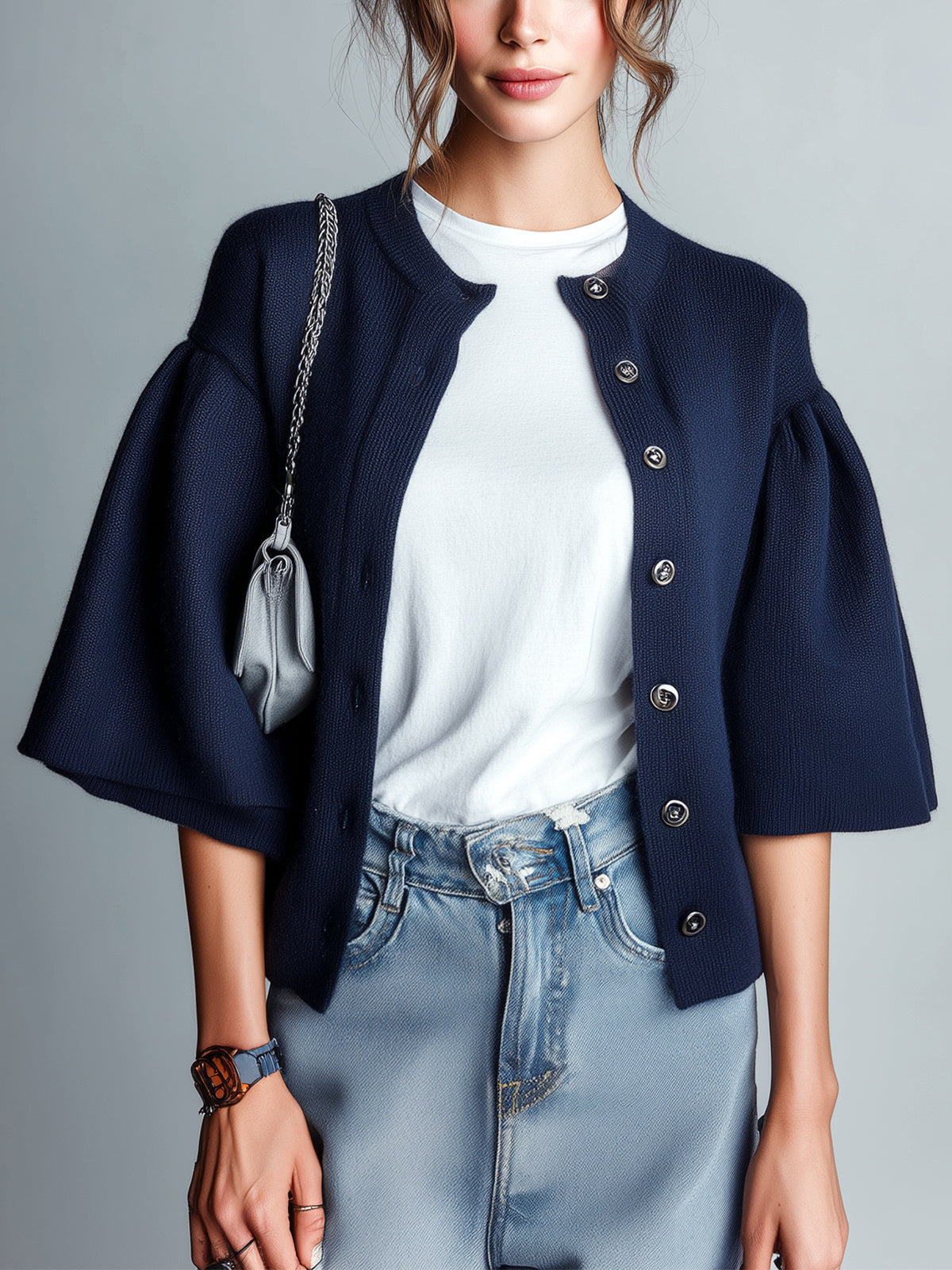 ElevenOra Chic Casual Navy Blue Round Neck Half Flare Sleeve Single-Breasted Loose-Fit Knit Cardigan