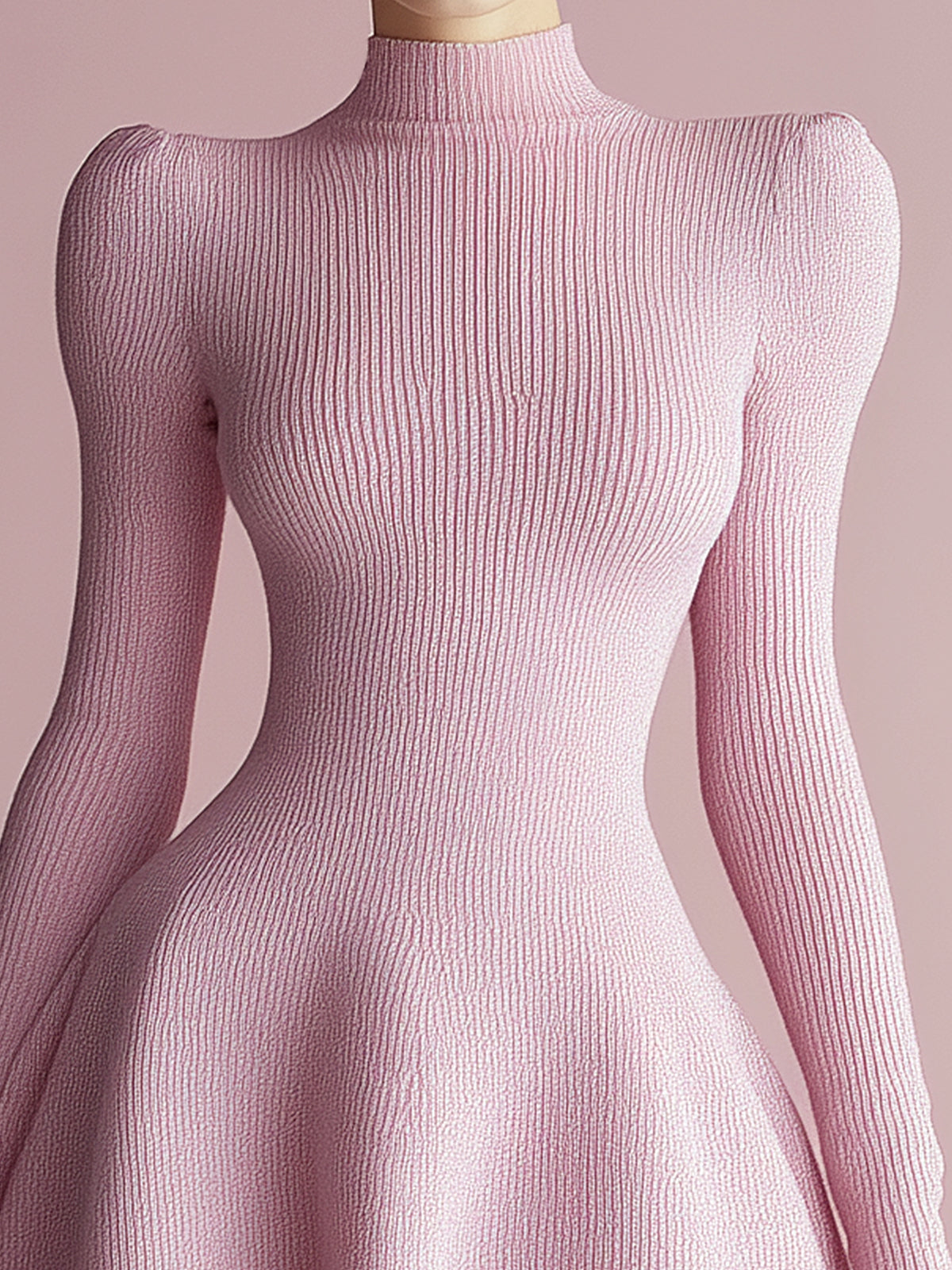 ElevenOra Solid Turtleneck Long Sleeve Fitted Long Sleeve Knit Flared A-Line Mini Dress