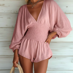 ElevenOra Chic Casual Dusty Pink V-Neck Balloon Sleeve Loose-Fit Tailored-Waist Crinkled Chiffon  Romper
