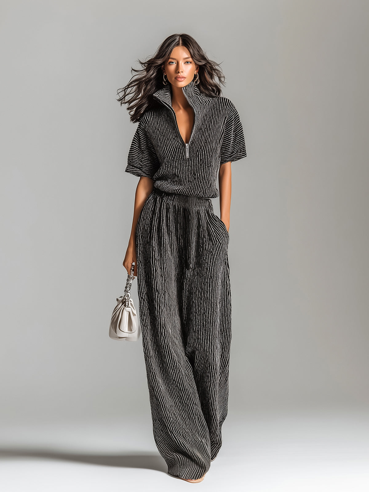 ElevenOra Chic Elegant Black Stripes Zipper-Up Stand Collar Short-Sleeve Loose-Fit Sweater And Wide-Leg Pants Knit Two-Piece Set