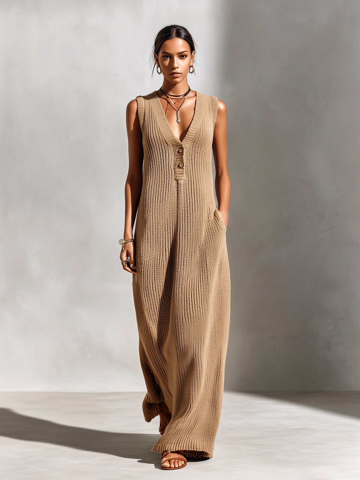ElevenOra Chic Elegant Camel V-Neck Button-Front Sleeveless Loose-Fit Ribbed Knit Maxi Dress