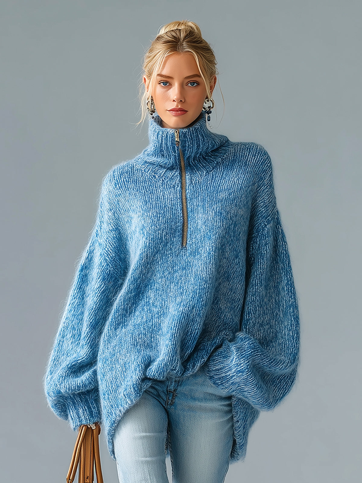 ElevenOra Casual Chic Light Blue Turtleneck Half-Zip Slouchy Lantern Sleeve Knit Sweater