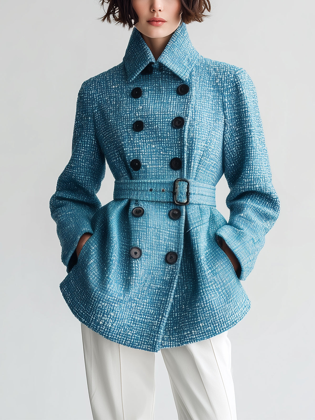 ElevenOra Chic Vintage Blue Wool Blend Tweed Lapel Double-Breasted Belted Slim-Fit Short Coat