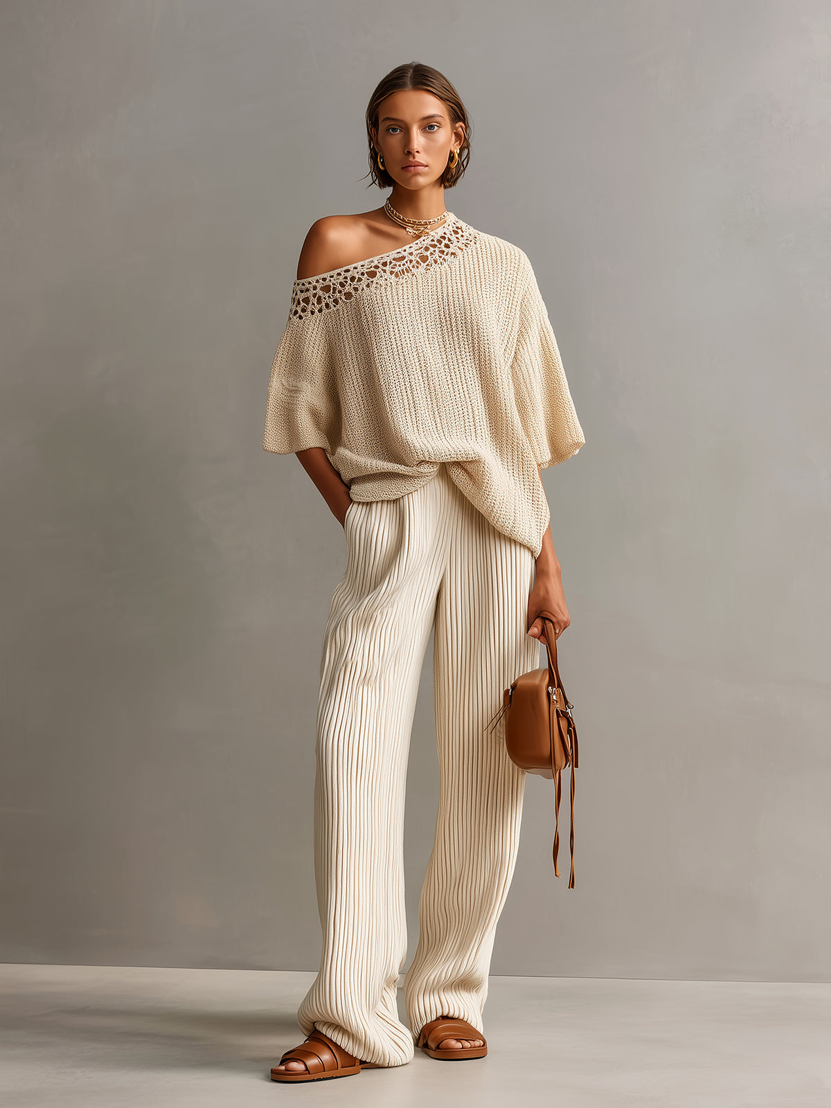 ElevenOra Chic Elegant Beige One Shoulder Short-Sleeve Lace Details Loose-Fit Sweater Wide-Leg Pants Ribbed Knit Two-Piece Set