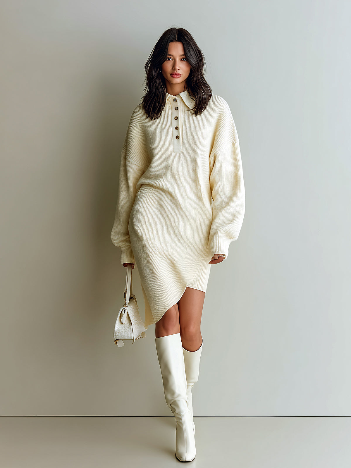 ElevenOra Chic Casual Cream White Polo Neck Button-Detail Asymmetric Hem Oversized Knit Midi Dress