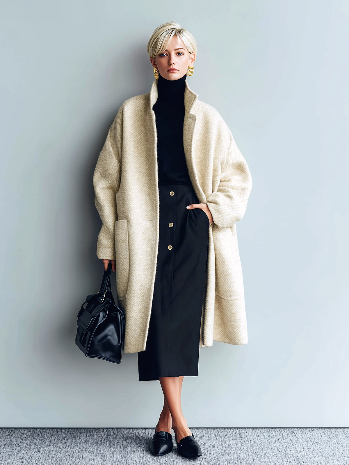 ElevenOra Chic Vintage Cream White Twill Wool Blend Lapel Collar Patch Pocket Slouchy Mid-Length Coat