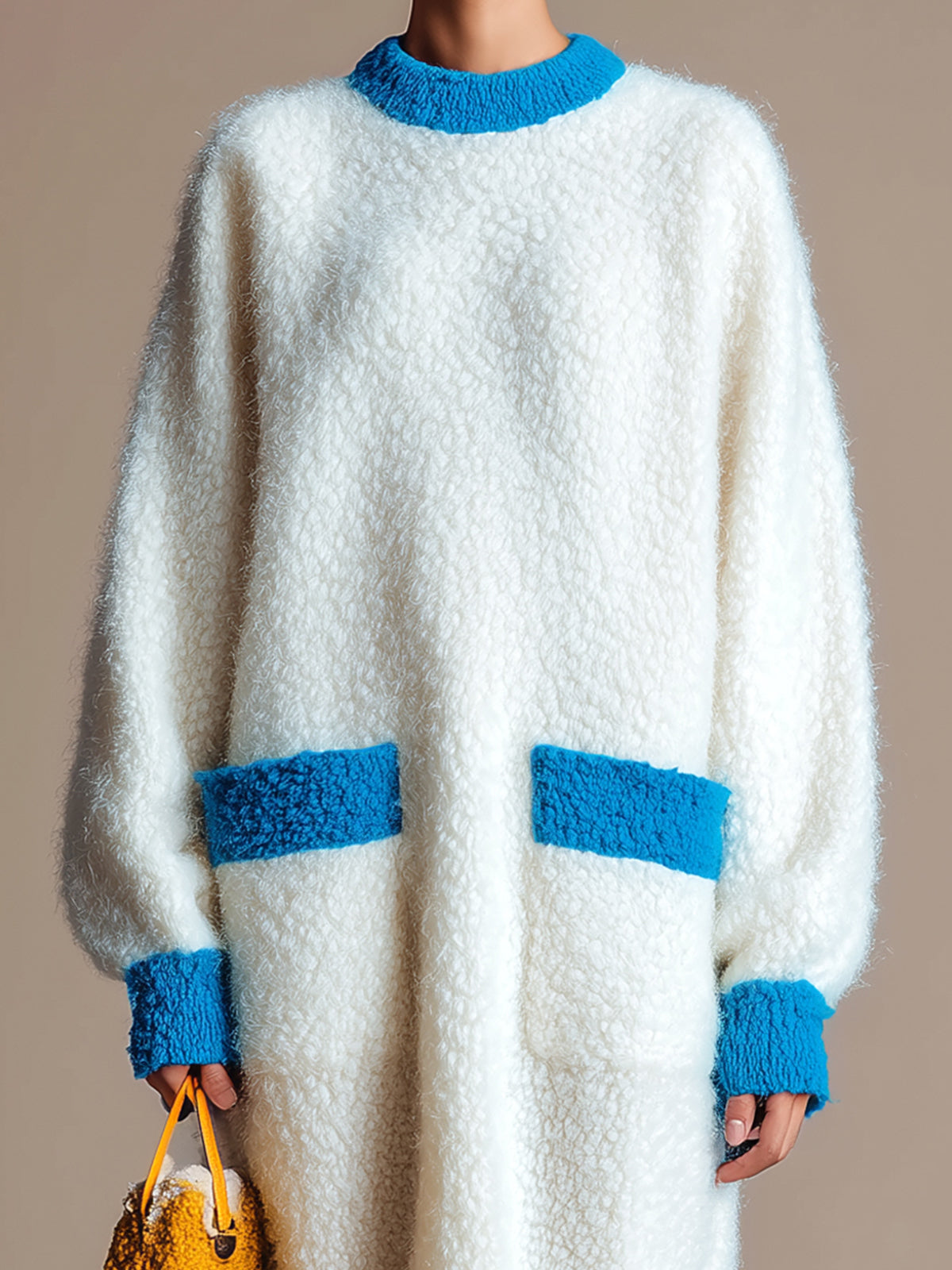 ElevenOra Chic Fuzzy Cream White Patch Pocket Contrast Trim Long-Sleeve Knit Maxi Dress