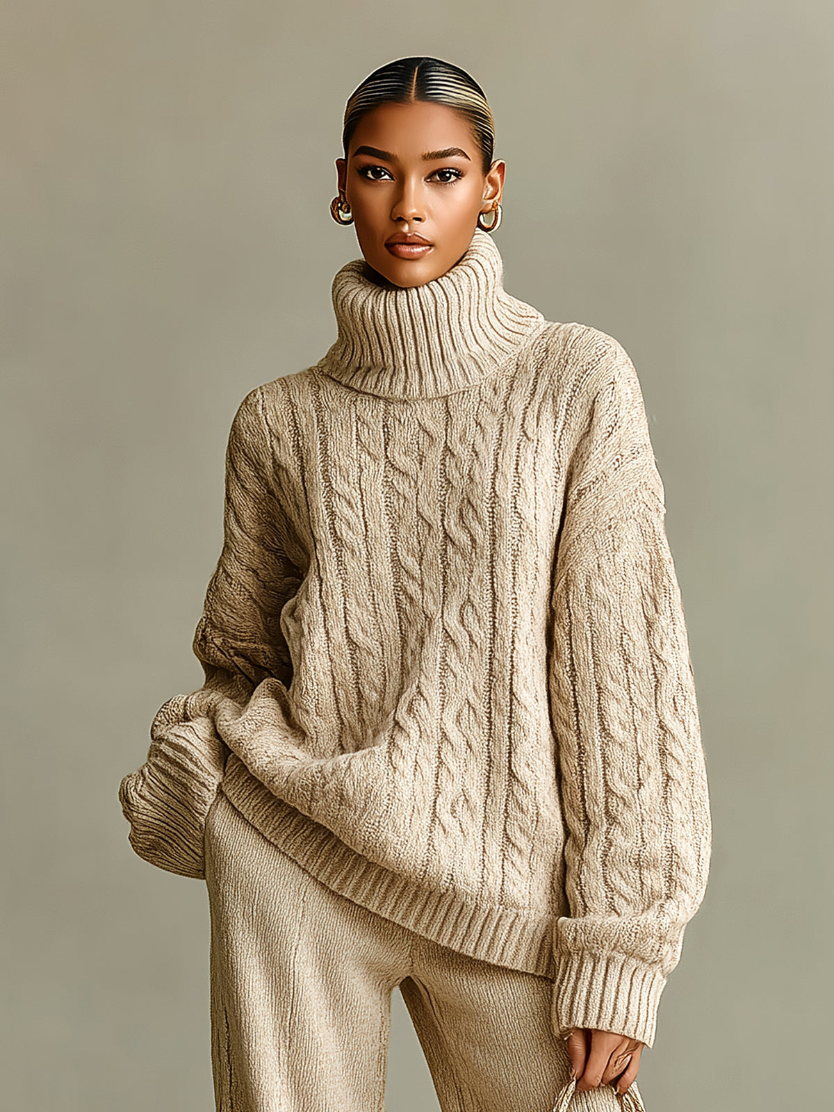 ElevenOra Chic Casual Beige Turtle Neck Oversized Long-Sleeve Warm Cable-Knit Sweater