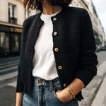 ElevenOra Chic Basic Black Crew Neck Gold Button Cropped Knit Cardigan