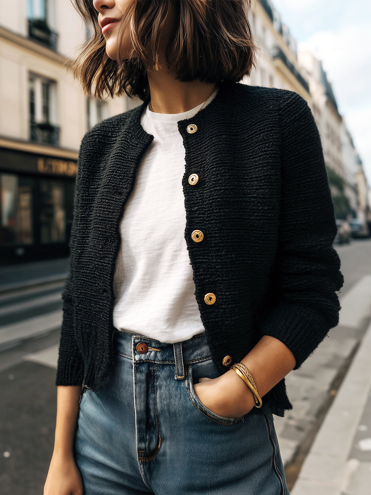 ElevenOra Chic Basic Black Crew Neck Gold Button Cropped Knit Cardigan