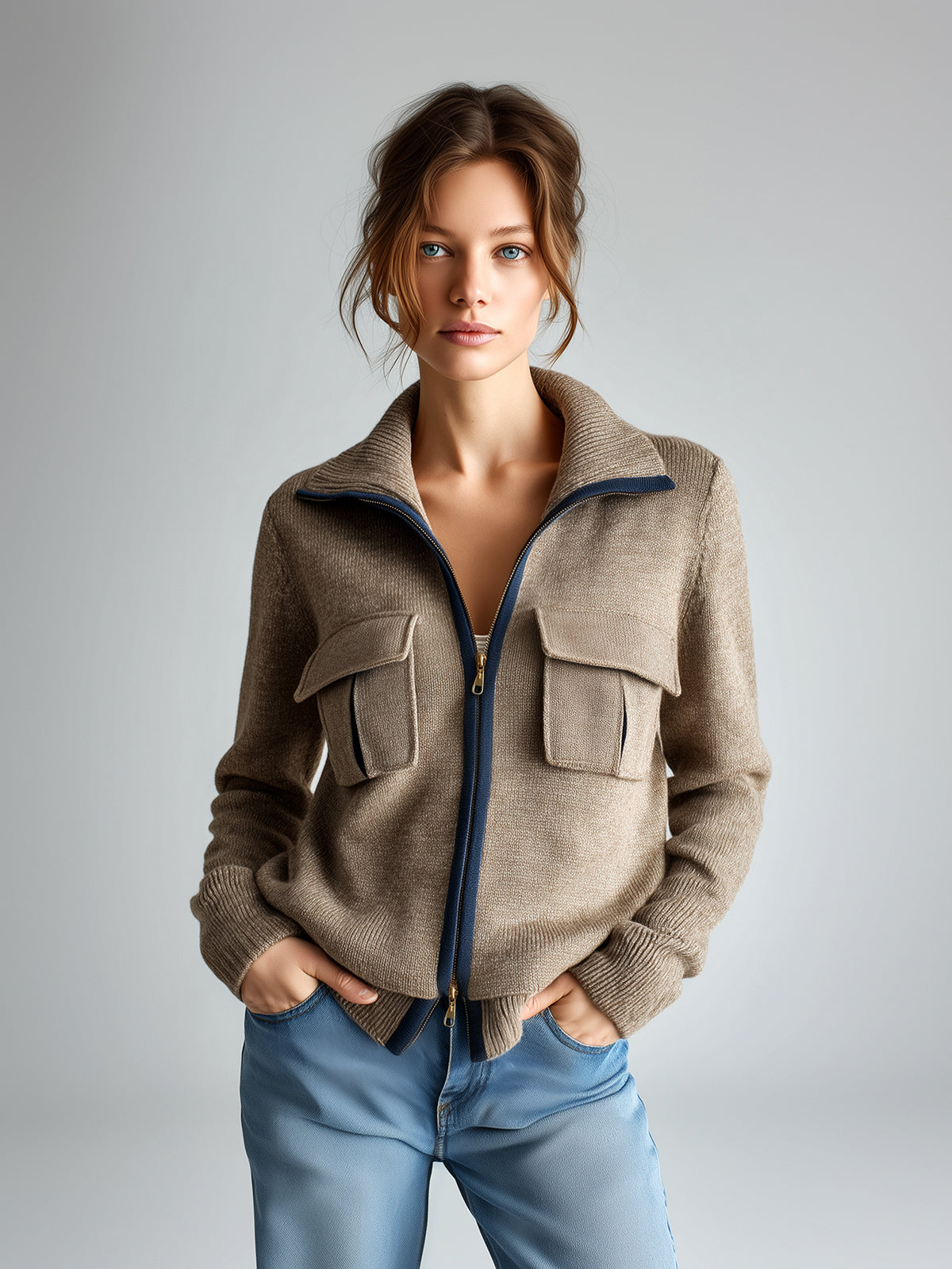 ElevenOra Chic Casual Camel Lapel Zipper-Front Chest Pocket Long-Sleeve Loose Knit Cardigan