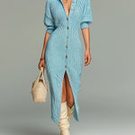 ElevenOra Chic Elegant Blue Pinstripes Lapel Collar Short-Sleeve Single-Breasted Slim-Fit Knit Midi Dress