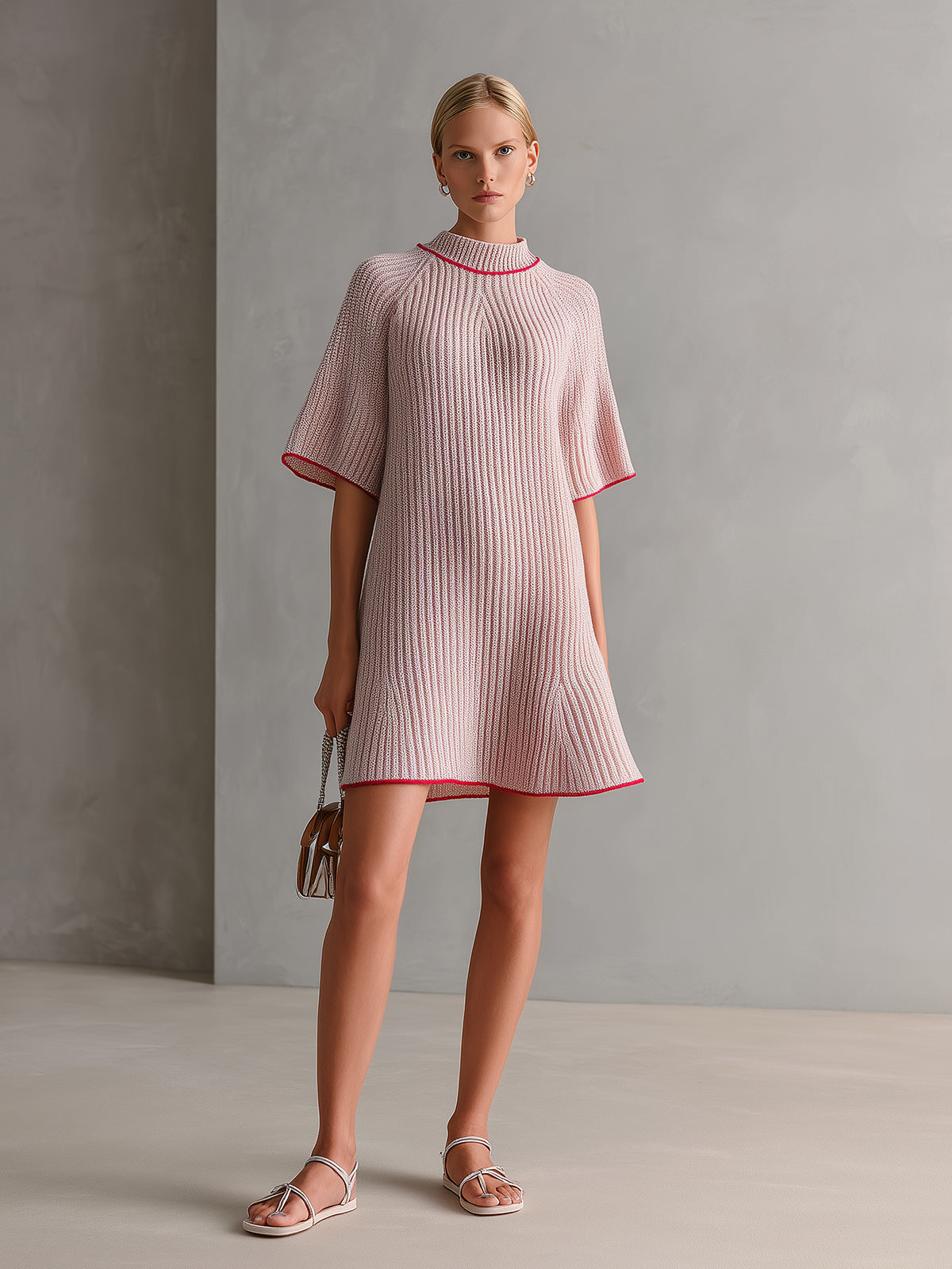 ElevenOra Chic Elegant Pink Mock Neck Contrast Trim Detail Short-Sleeve Loose-Fit A-Line Ribbed Knit Mini Dress