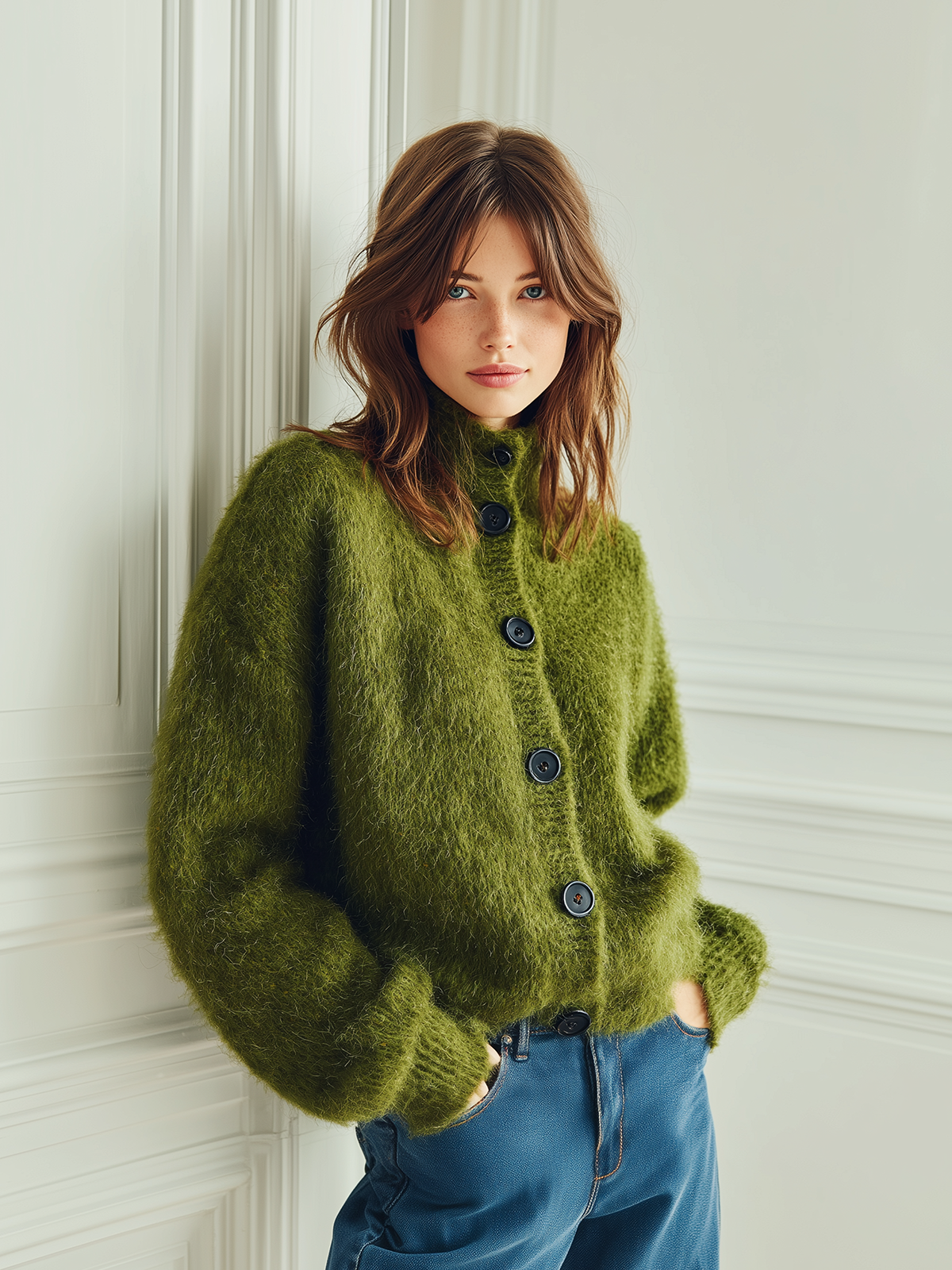 ElevenOra Chic Vintage Green Stand Collar Single-breasted Long Sleeve Oversized Fuzzy Knit Cardigan