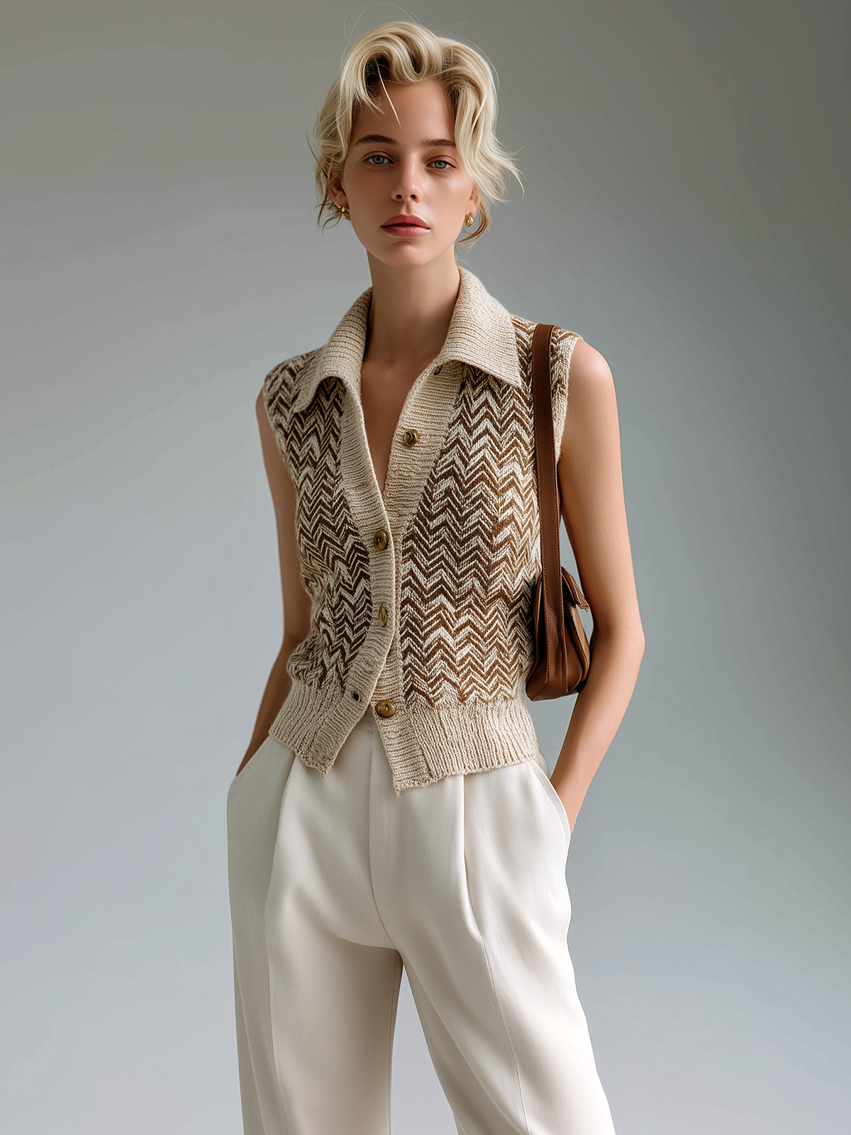 ElevenOra Fashion Casual Beige Lapel Herringbone Jacquard Button-Up Loose Sleeveless Cardigan Knit Vest