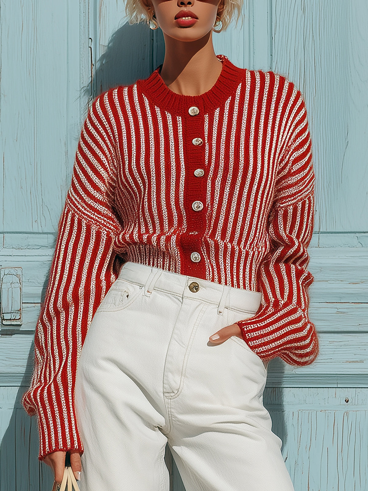 ElevenOra Chic Vintage Red Pinstripes Round-Neck Single-Breasted Long-Sleeve Slim-Fit Knit Cardigan