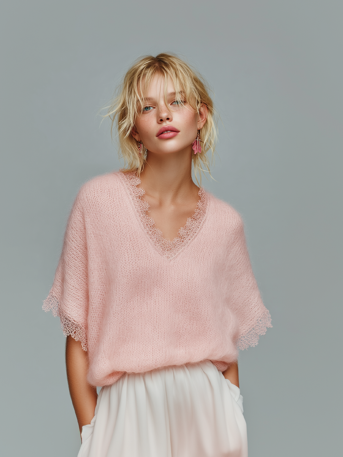 ElevenOra Chic Casual Pink Lace Trim Detail V-Neck Short-Sleeve Loose Soft Knit Sweater