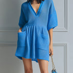 ElevenOra Chic Elegant Royal Blue V-Neck Short-Sleeve Oversized Patch Pockets Ribbed Knit Mini Dress