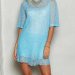 ElevenOra Chic Elegant Blue Lace Round Neck Short-Sleeve Loose-Fit A-Line Mini Dress