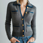 ElevenOra Chic Casual Gray Lapel Single-Breasted Patch Pocket Contrast Trim Long Sleeve Slim Fit Knit Cropped Cardigan