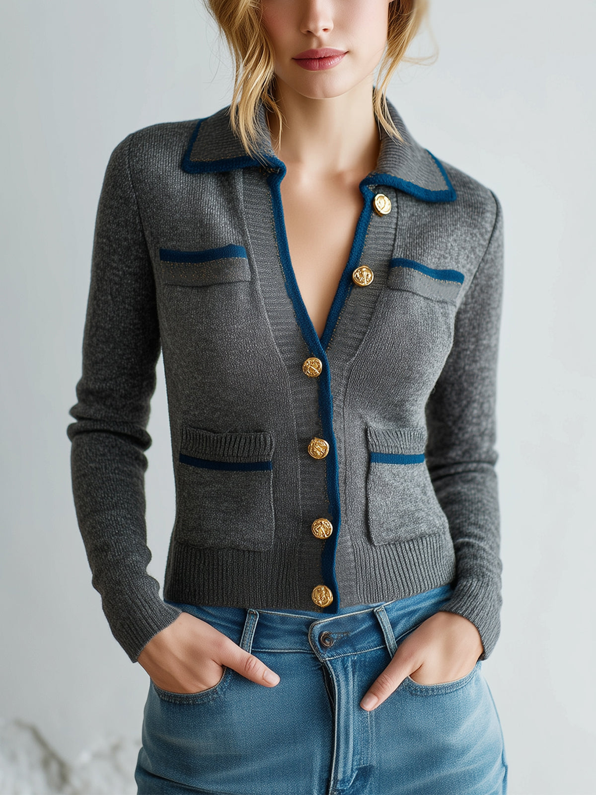 ElevenOra Chic Casual Gray Lapel Single-Breasted Patch Pocket Contrast Trim Long Sleeve Slim Fit Knit Cropped Cardigan