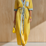 ElevenOra Chic Elegant Yellow Patchwork Denim Lapel Collar Button-Front Loose-Fit Drawstring Waist Loose-Fit Knit Maxi Dress
