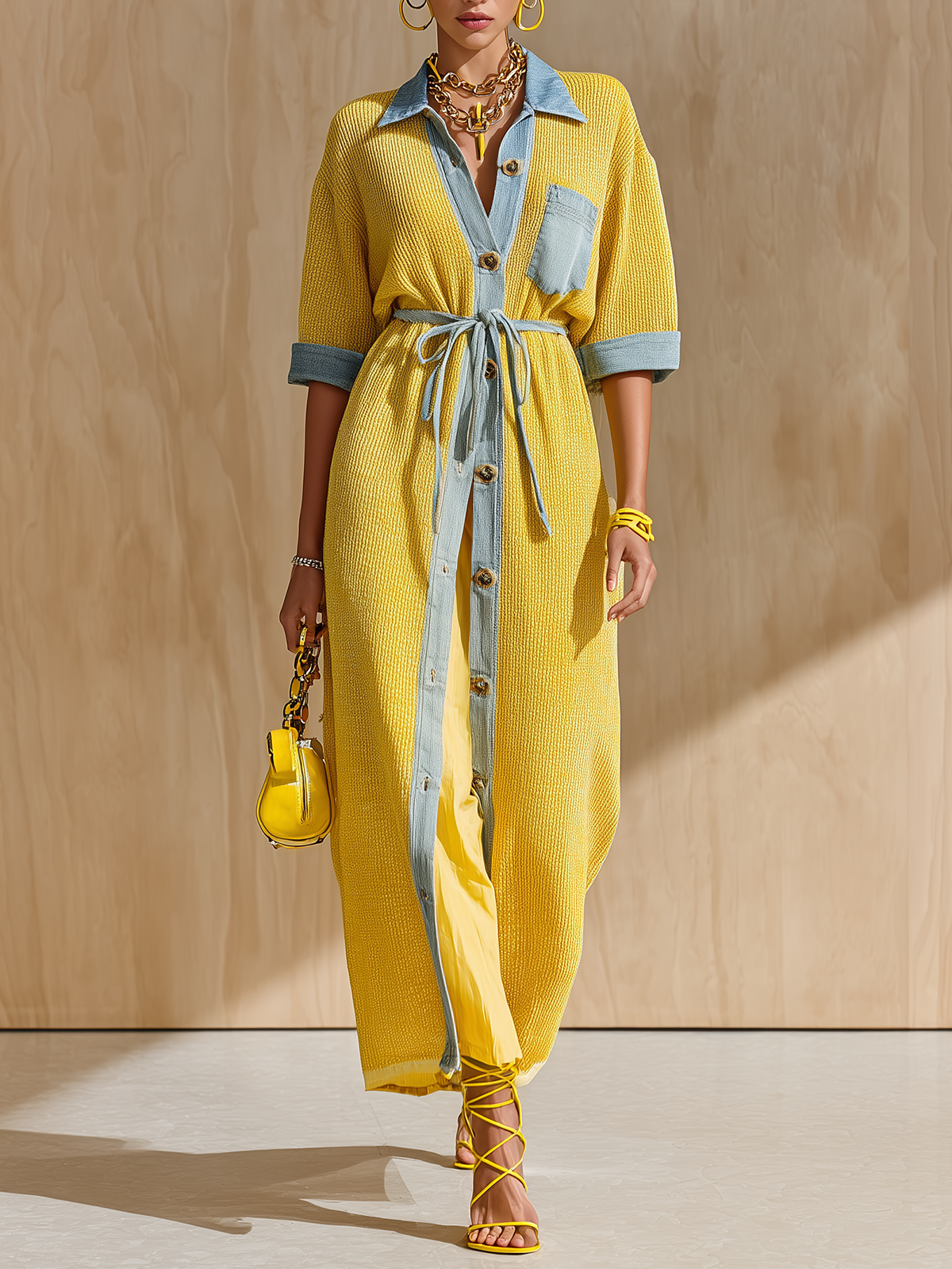 ElevenOra Chic Elegant Yellow Patchwork Denim Lapel Collar Button-Front Loose-Fit Drawstring Waist Loose-Fit Knit Maxi Dress