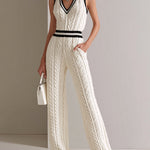 ElevenOra Chic Elegant Cream White V-Neck Sleeveless Contrast Trim Detail Elastic-Waist Loose-Fit Cable Knit Jumpsuit