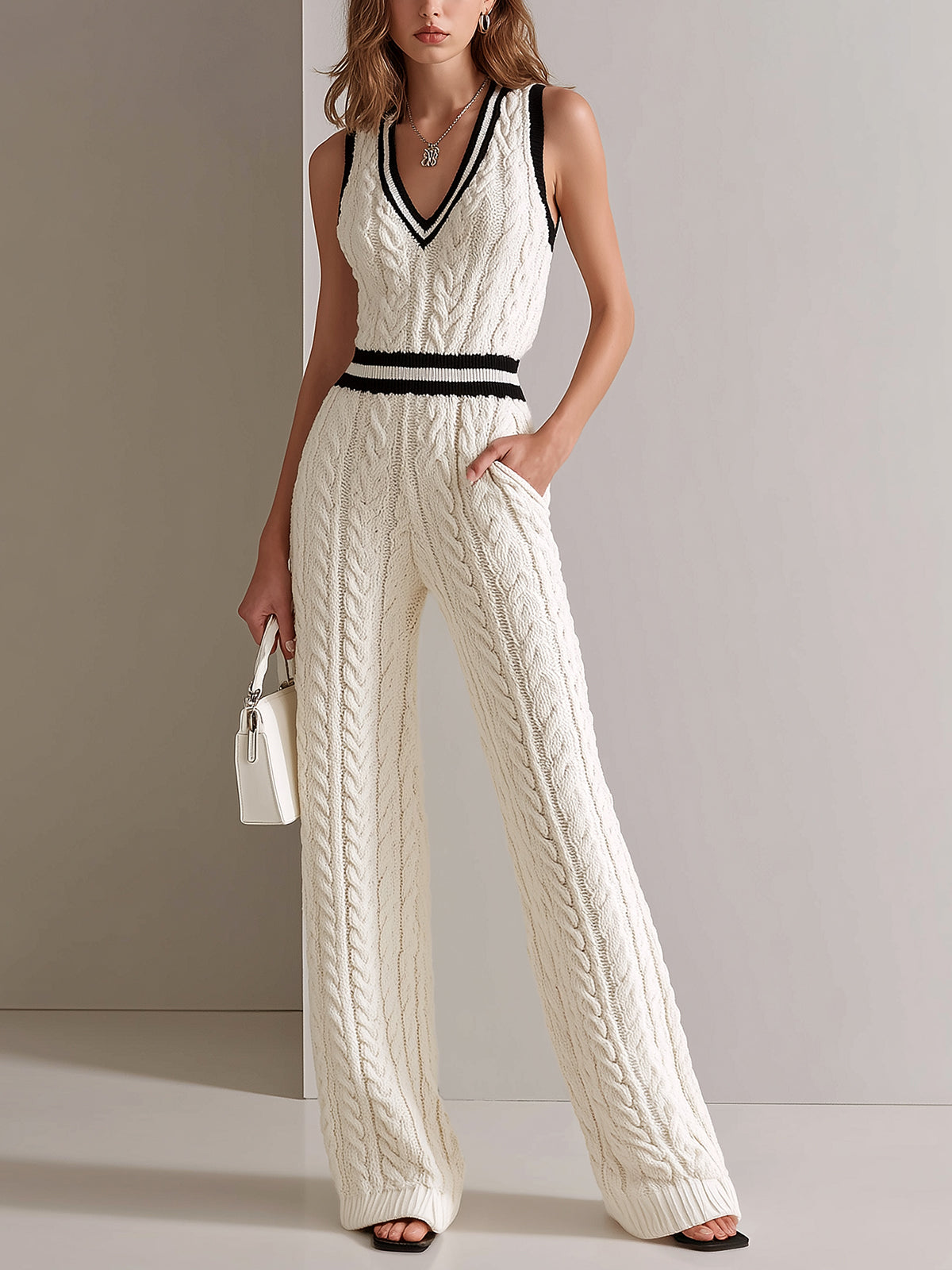 ElevenOra Chic Elegant Cream White V-Neck Sleeveless Contrast Trim Detail Elastic-Waist Loose-Fit Cable Knit Jumpsuit