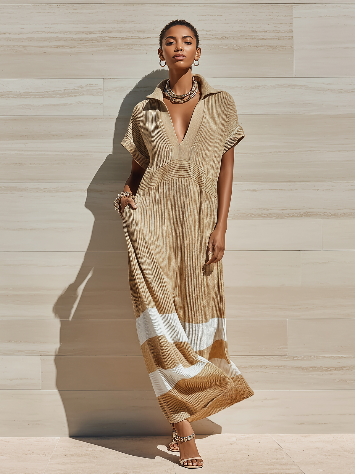 ElevenOra Chic Casual Camel Colorblock Lapel Collar V-neck Short-sleeved Loose Ribbed Knit Maxi Dress