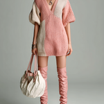 ElevenOra Stylish Elegant Pink V-neck Contrast Trim Short-Sleeve Loose Ribbed Knit Mini Dress