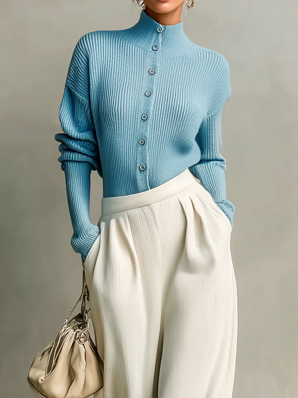 ElevenOra Chic Baby Blue Mock Neck Button-Front Slim-Fit Long Sleeve Top Wide-Leg Pants Ribbed Knit Two-Piece Set