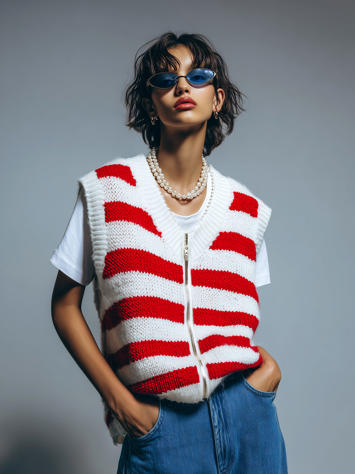ElevenOra Chic Casual Red White Stripes V-Neck Zipper-Front Oversize Knit Vest