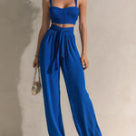 ElevenOra Chic Elegant Royal Blue Strappy Sleeveless Slim-Fit Camisole Tie-Waist Wide-Leg Pants Knit Two-Piece Set