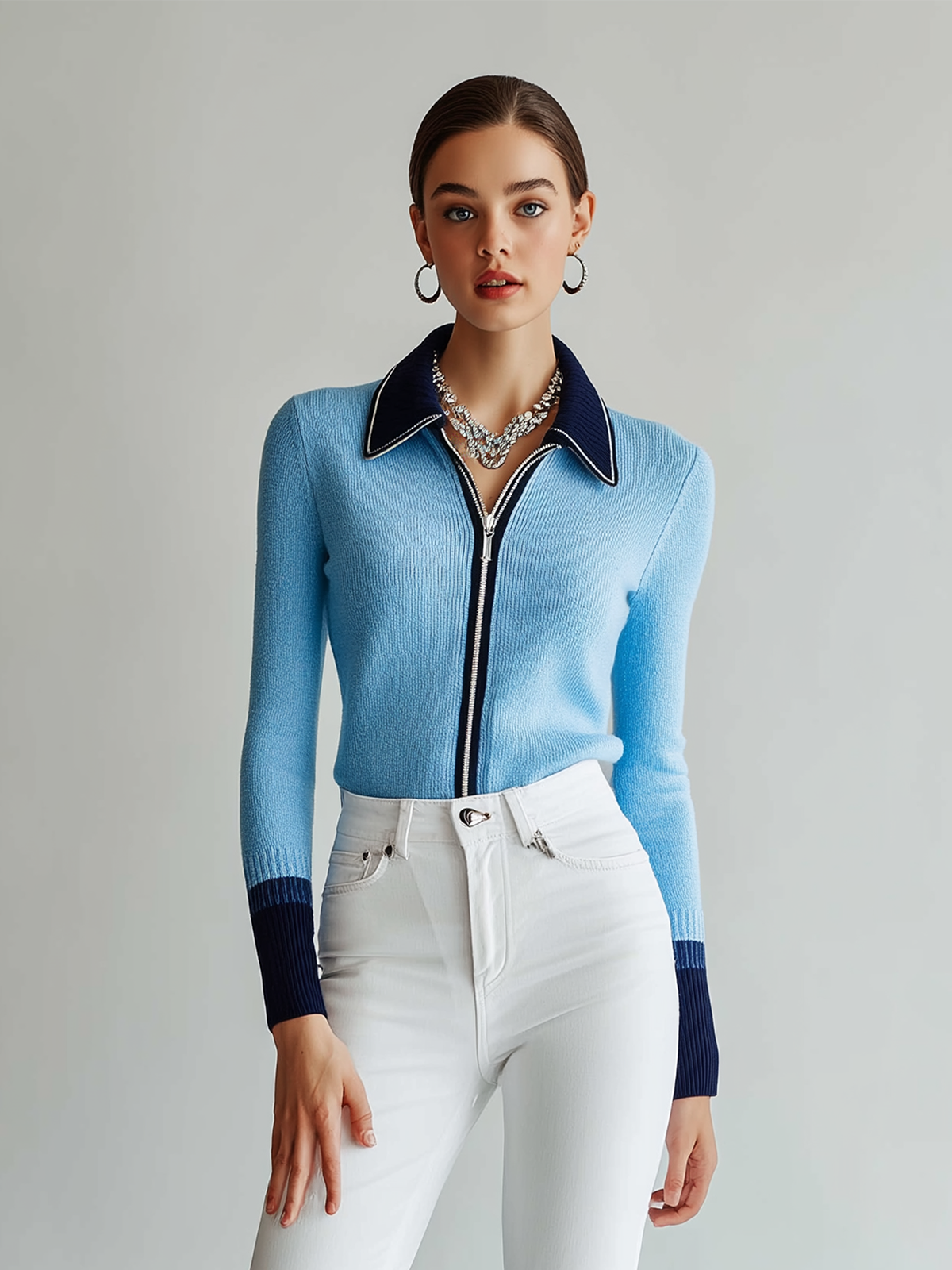 ElevenOra Chic Casual Blue Lapel Zipper-Front Long-Sleeve Slim-Fit Knit Cardigan