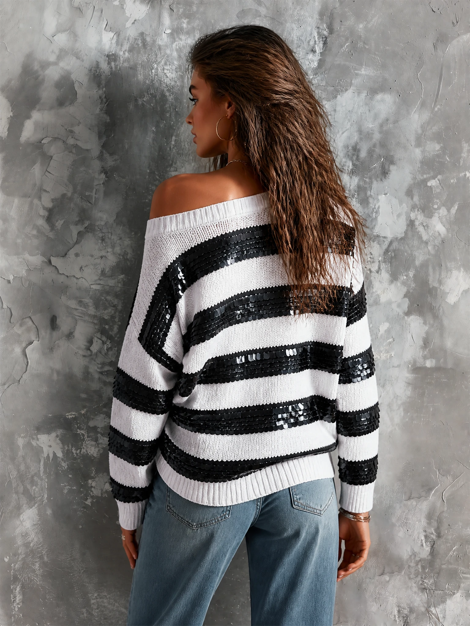 ElevenOra Chic Casual Black-White Stripes Off Shoulder Sequin Accent Dropped-Shoulder Long-Sleeve Loose-Fit Knit Sweater