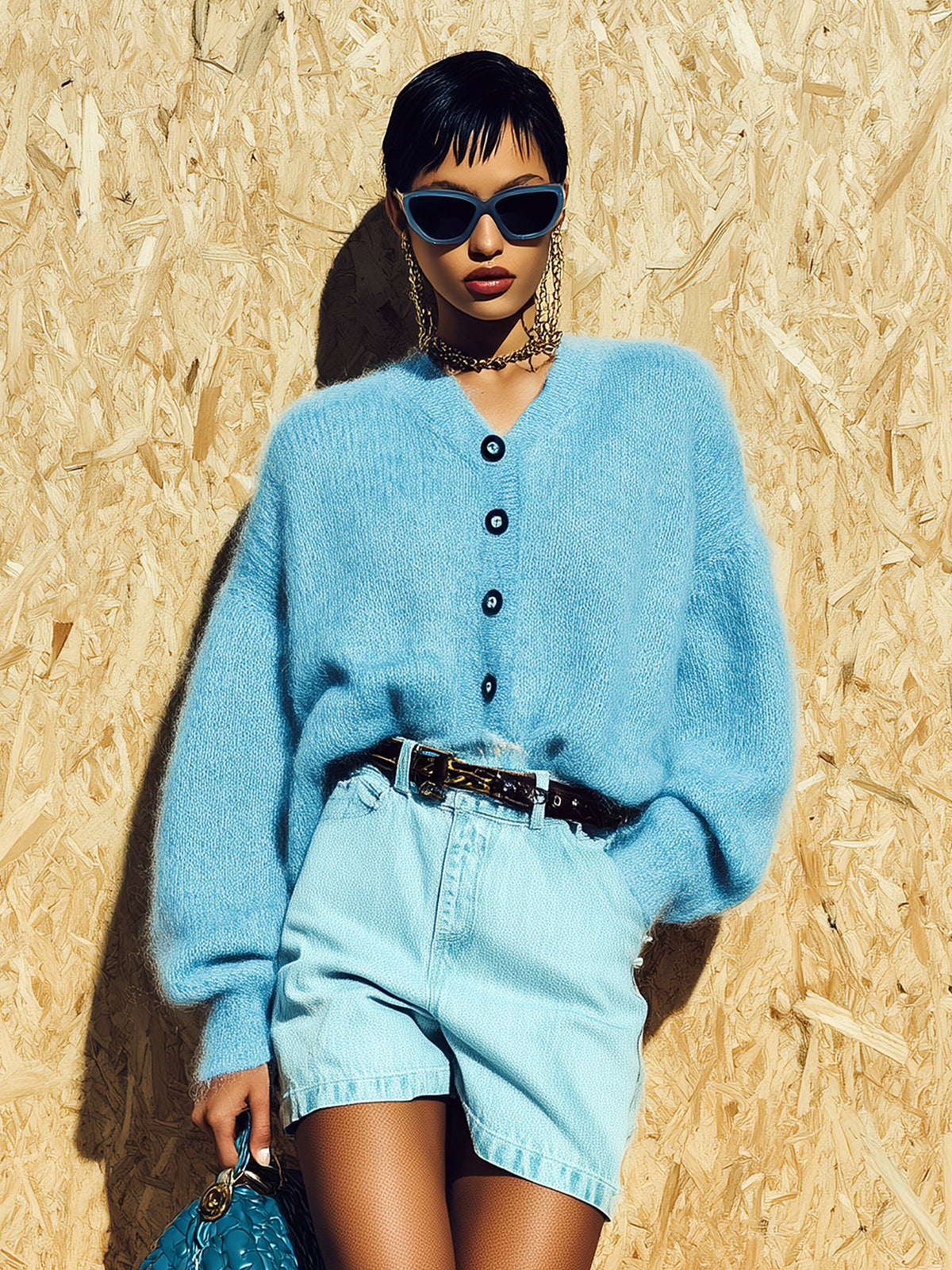 ElevenOra Casual Chic V-neck Single-breasted Oversized Long-sleeved Mohair Knit Cardigan