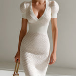 ElevenOra Chic Elegant Cream White V-Neck Short-Sleeve Patchwork Slim-Fit Knit Bodycon Midi Dress