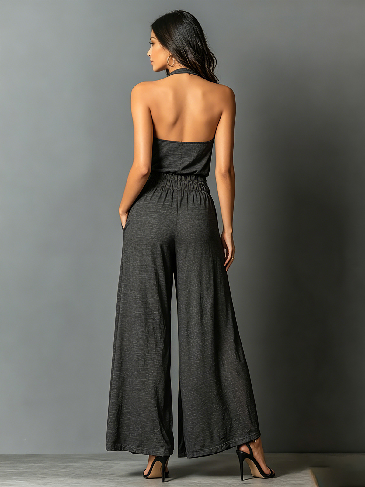 ElevenOra Chic Elegant Charcoal Black Halter Neck Sleeveless Smocked Tailored-Waist Wide-Leg Stretchy Cotton Jumpsuit