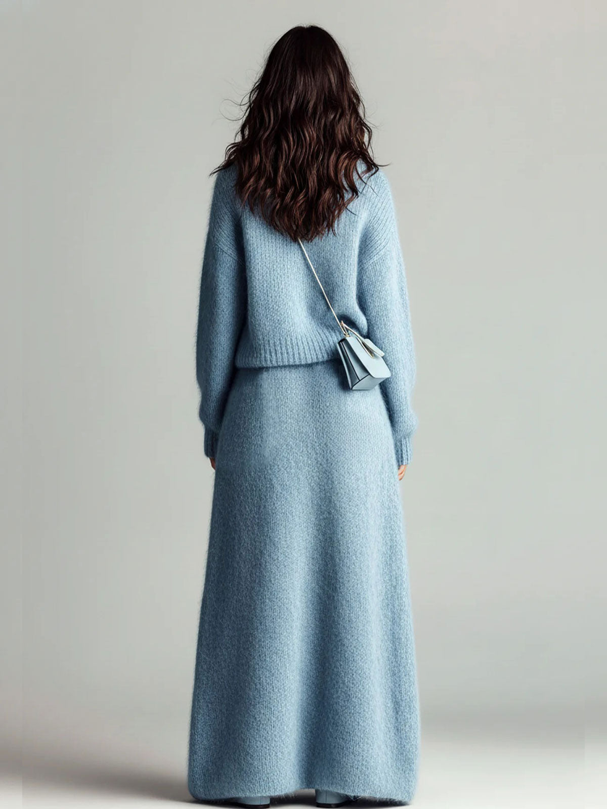 ElevenOra Chic Elegant Blue Stand Collar V Neck Long Sleeve Loose Sweater Patch Pocket Maxi Skirt Fuzzy Knit Two-Piece Set