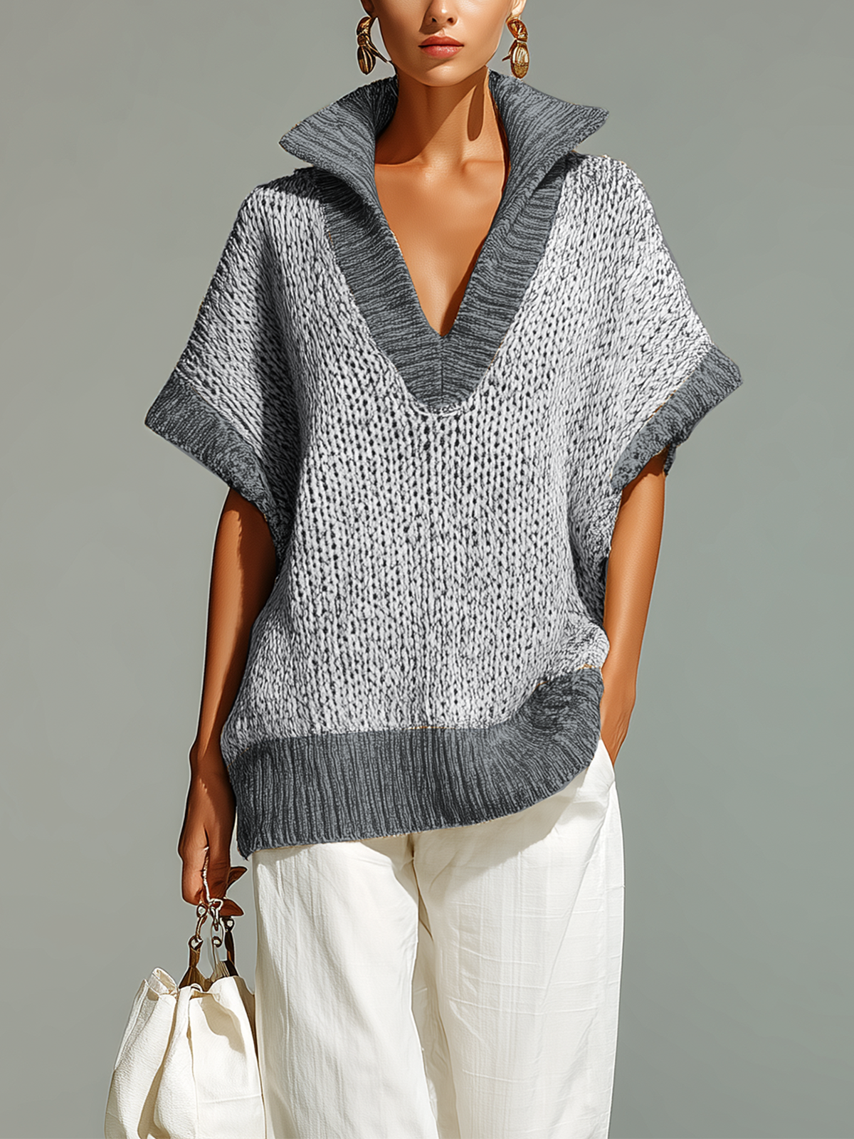 ElevenOra Fashion Casual Beige Stand-Collar Colorblock Loose Sleeveless Knit Vest