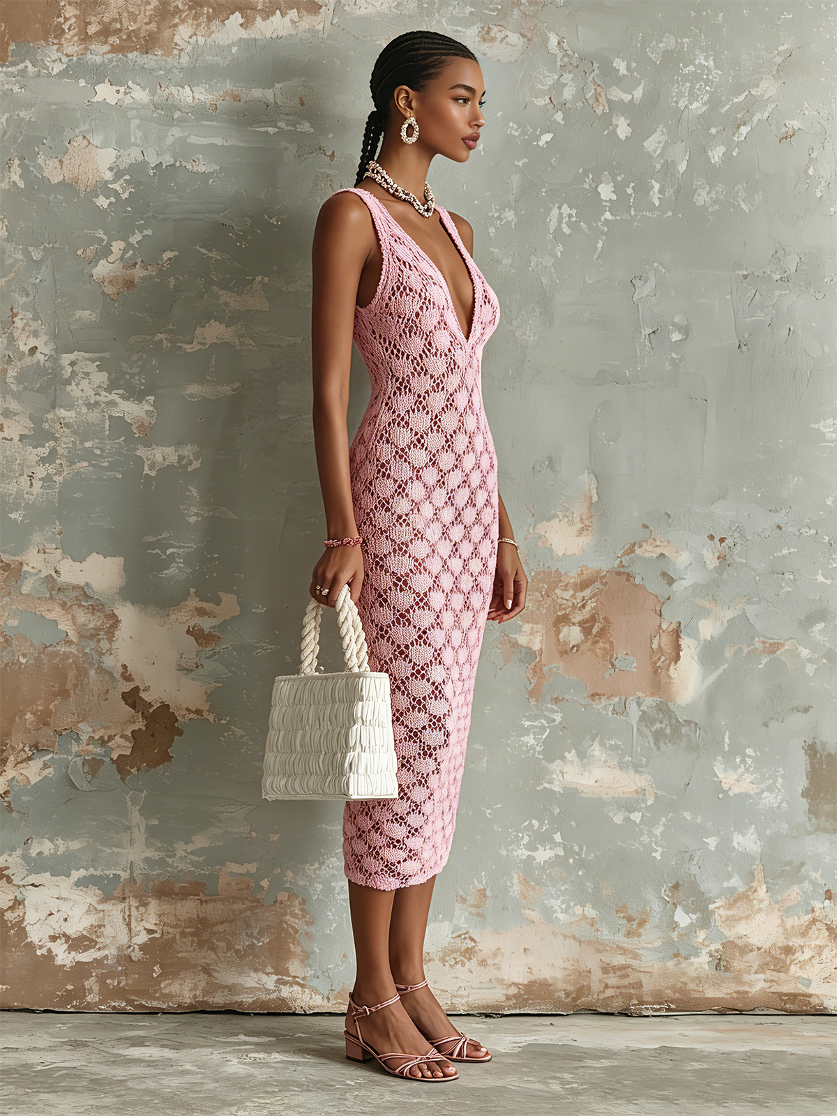 ElevenOra Chic Elegant Pink V-Neck Sleeveless Slim-Fit Hollow-Out Knit Midi Dress